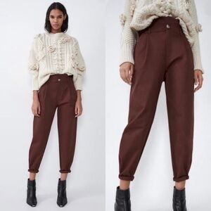 Zara Cropped Brown Paper Bag Waist Pants